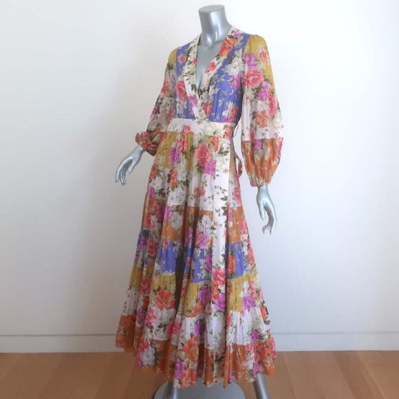 Zimmermann Pattie Midi Wrap Dress Patchwork Floral Print Cotton Size 1 - Picture 2 of 6